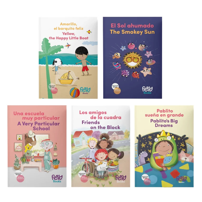 Everyday Bilingual Adventures – 5 Softcover Books + 5 Activity Packs + Stickers